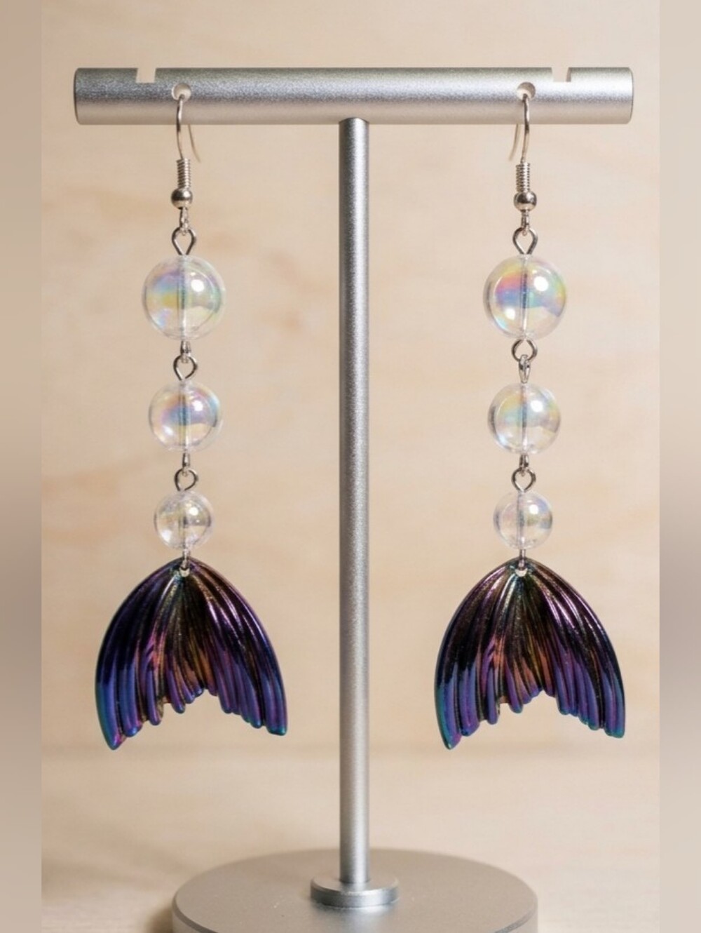 Iridescent Mermaid Tail Dangle Earrings | Metallic Oil Slick Fish Tail Statement